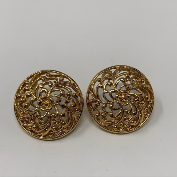 Gold Tone Circle Dome Floral Swirl Large Stud Earrings - Picture 2 of 6